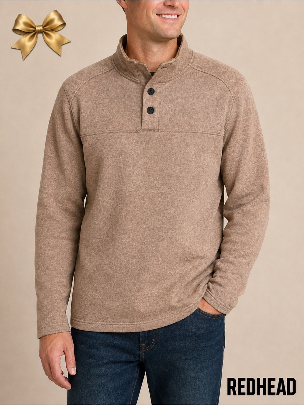 RedHead Fleece-Lined Button Mock Neck Pullover Sweater M
